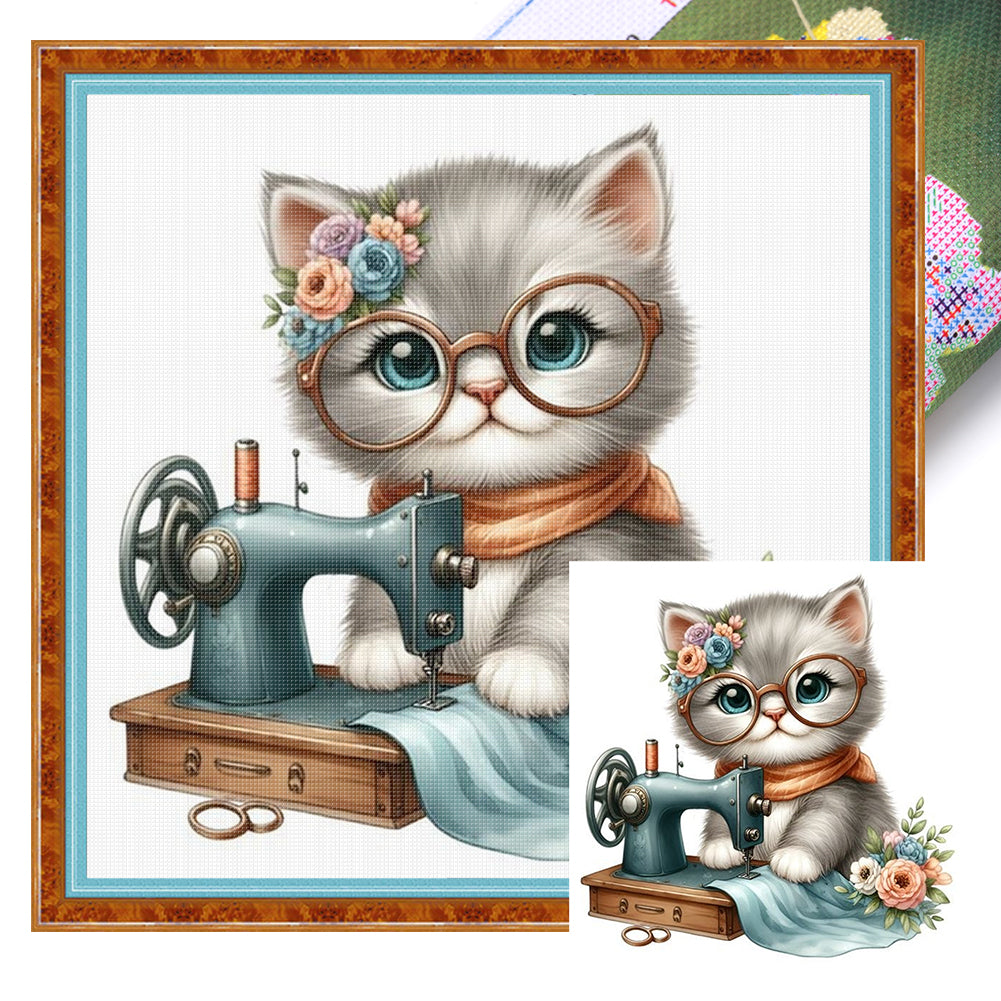 Sewing Kitten - 11CT Stamped Cross Stitch 40*40CM