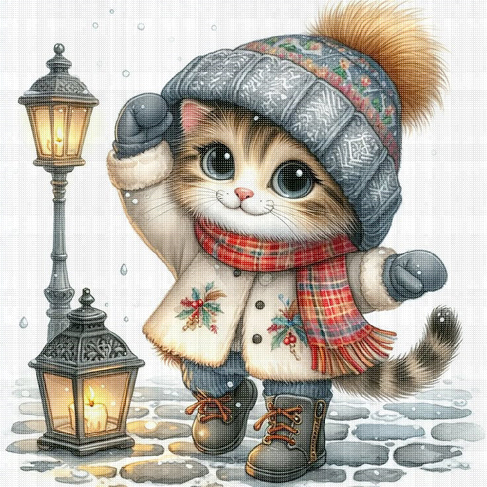 Kitten Under Streetlight - 11CT Stamped Cross Stitch 40*40CM