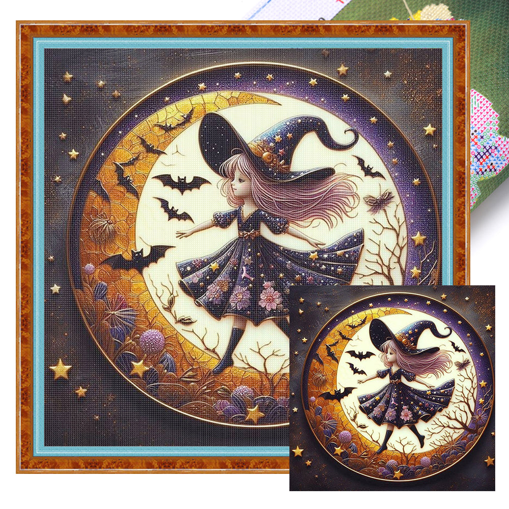 Cute Witch With The Moon - 11CT Stamped Cross Stitch 45*45CM