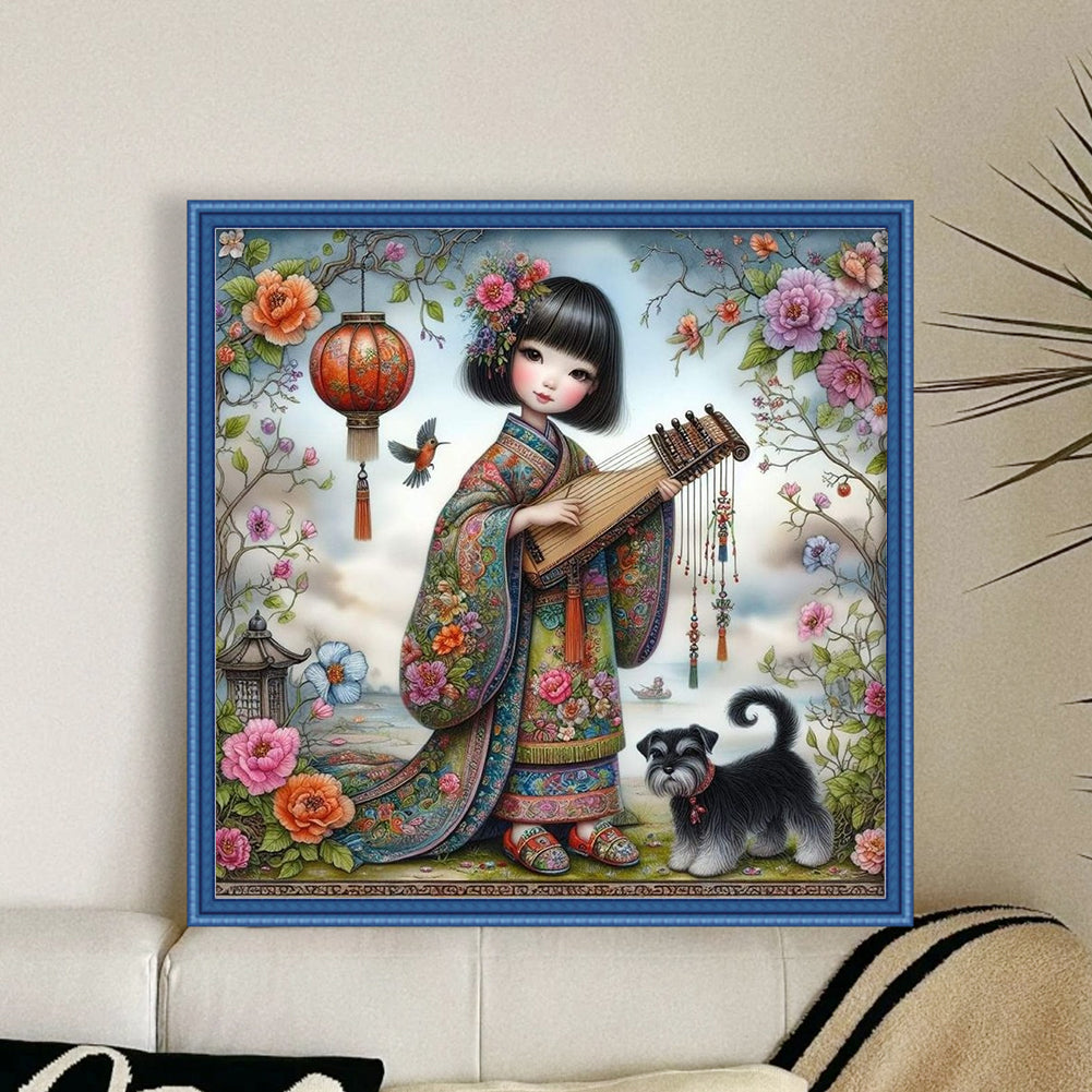 Girl And Puppy - 11CT Stamped Cross Stitch 40*40CM
