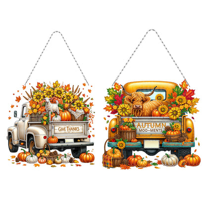 2PCS Pumpkin Car Theme 2D/Flat DIY Diamond Painting Set Hanging Diamond Art Kits