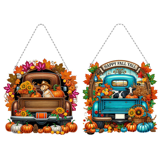 2PCS Pumpkin Car Theme 2D/Flat DIY Diamond Painting Set Hanging Diamond Art Kits