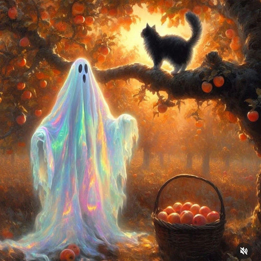 Cat And Ghost Under Apple Tree - Full Round Drill Diamond Painting 40*40CM
