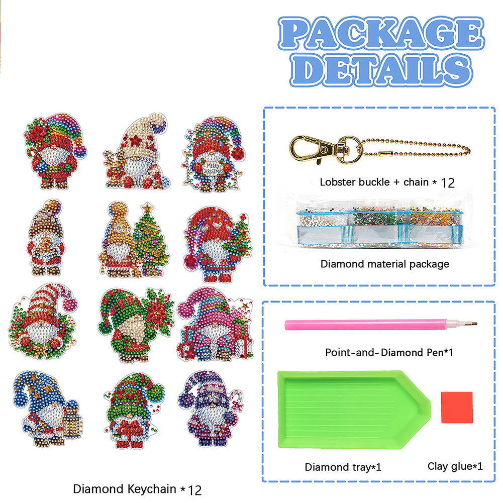 12pcs Christmas Diamond Painting Keychains Kit DIY Diamond Art Charms for Adults