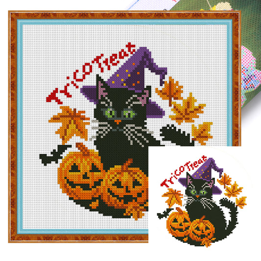 Halloween Pumpkin Black Cat - 11CT Stamped Cross Stitch 24*24CM(Mona Lisa Brand)