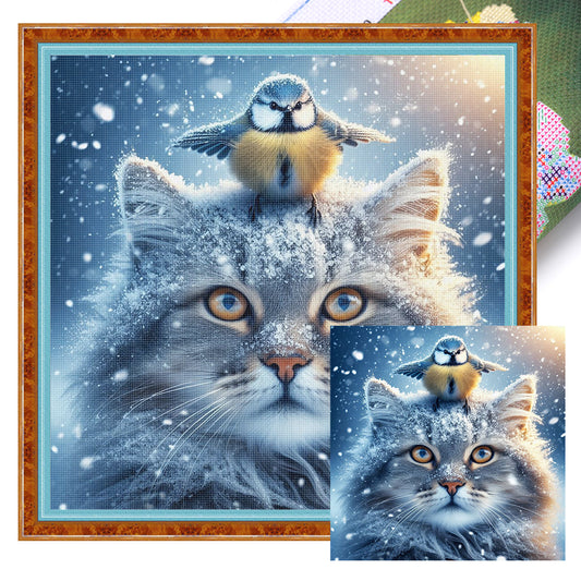 Winter Cat And Bird - 11CT Stamped Cross Stitch 40*40CM(Mona Lisa Brand)