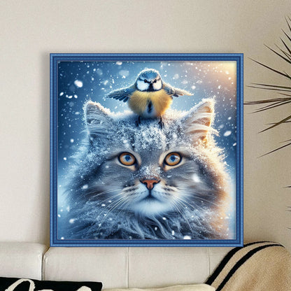 Winter Cat And Bird - 11CT Stamped Cross Stitch 40*40CM(Mona Lisa Brand)
