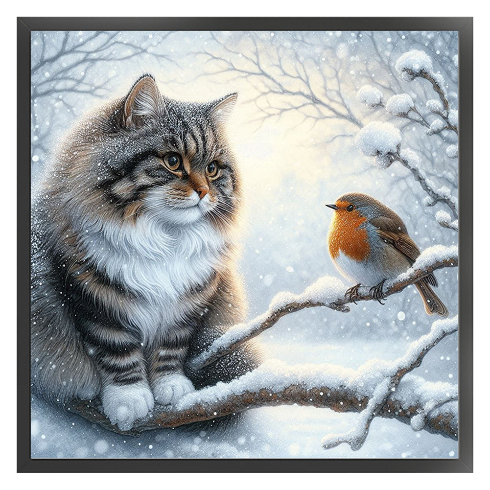 Winter Cat And Bird - 11CT Stamped Cross Stitch 40*40CM(Mona Lisa Brand)