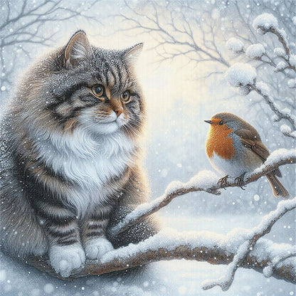 Winter Cat And Bird - 11CT Stamped Cross Stitch 40*40CM(Mona Lisa Brand)