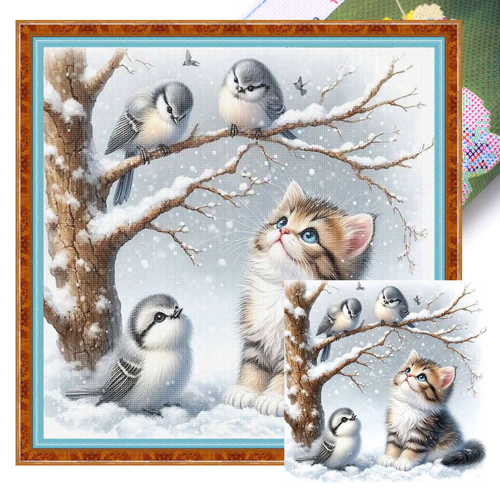 Winter Cat And Bird - 11CT Stamped Cross Stitch 40*40CM(Mona Lisa Brand)