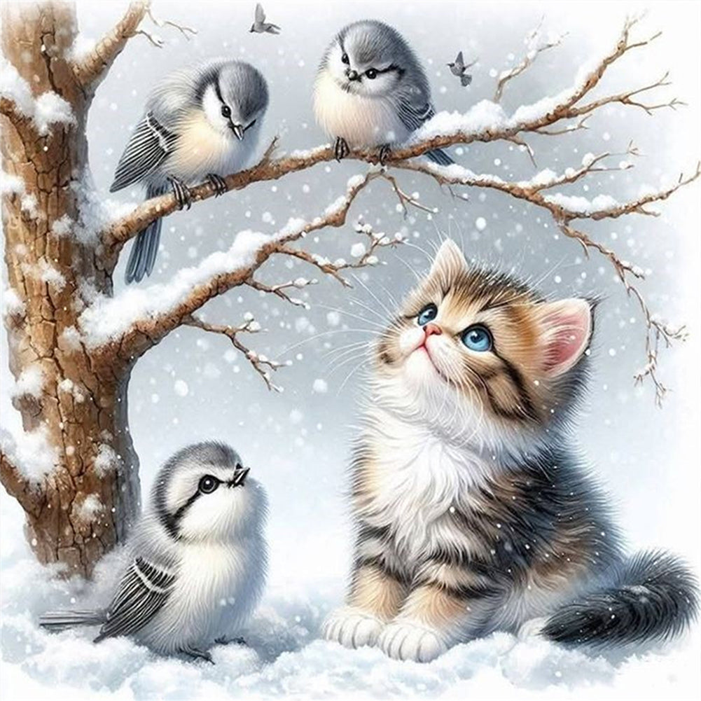 Winter Cat And Bird - 11CT Stamped Cross Stitch 40*40CM(Mona Lisa Brand)