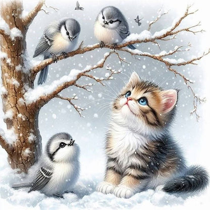 Winter Cat And Bird - 11CT Stamped Cross Stitch 40*40CM(Mona Lisa Brand)