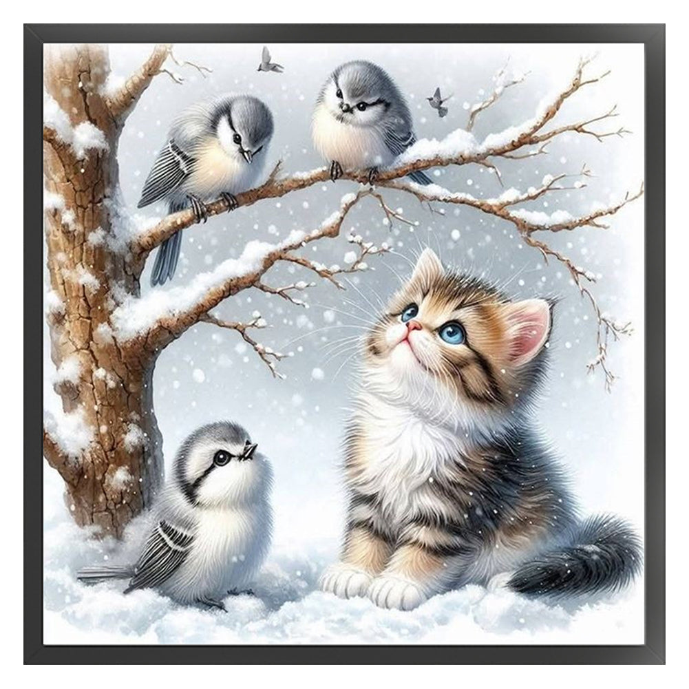 Winter Cat And Bird - 11CT Stamped Cross Stitch 40*40CM(Mona Lisa Brand)