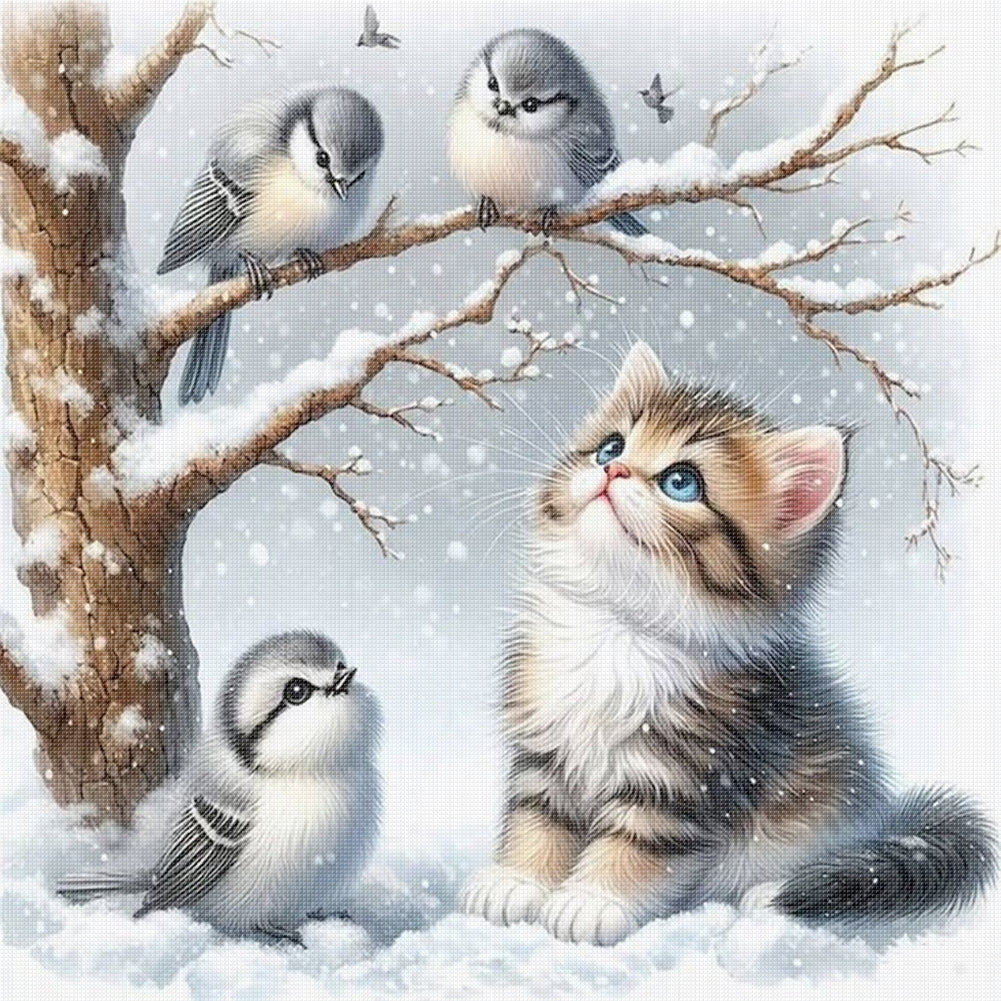 Winter Cat And Bird - 11CT Stamped Cross Stitch 40*40CM(Mona Lisa Brand)
