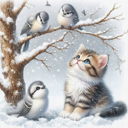 Winter Cat And Bird - 11CT Stamped Cross Stitch 40*40CM(Mona Lisa Brand)