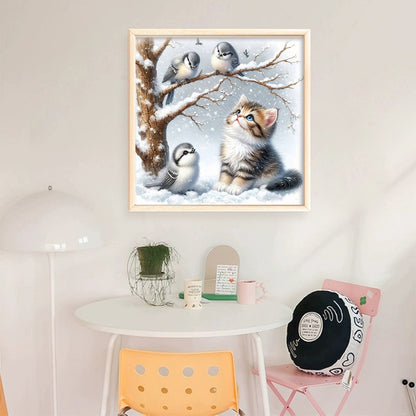 Winter Cat And Bird - 11CT Stamped Cross Stitch 40*40CM(Mona Lisa Brand)
