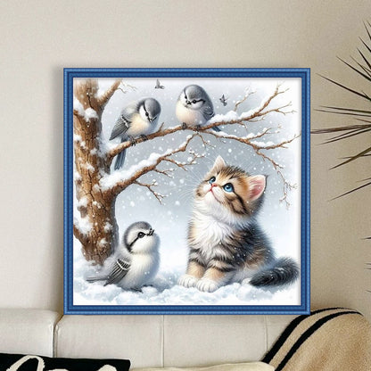 Winter Cat And Bird - 11CT Stamped Cross Stitch 40*40CM(Mona Lisa Brand)