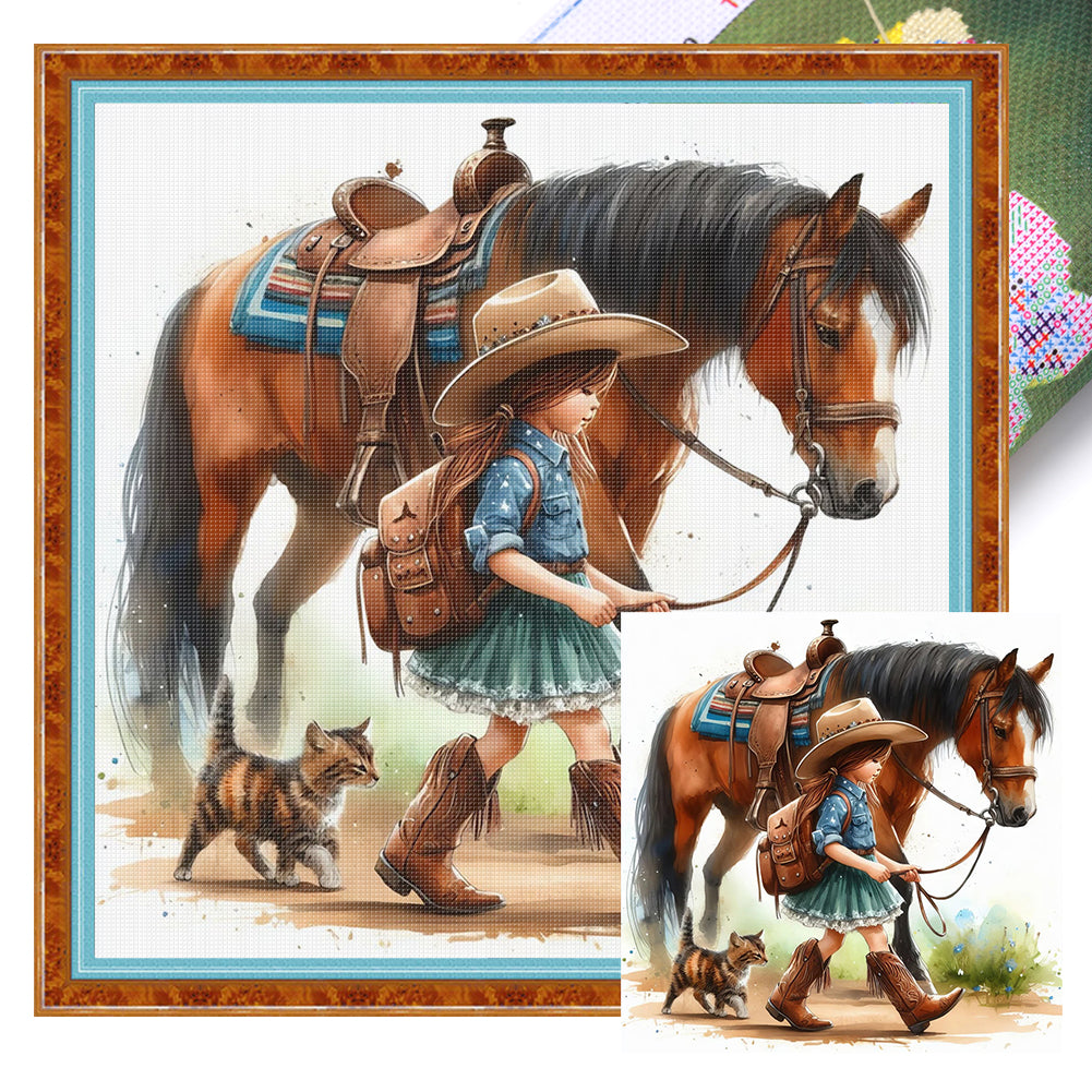 Girl And Horse - 11CT Stamped Cross Stitch 40*40CM