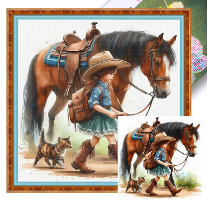 Girl And Horse - 11CT Stamped Cross Stitch 40*40CM
