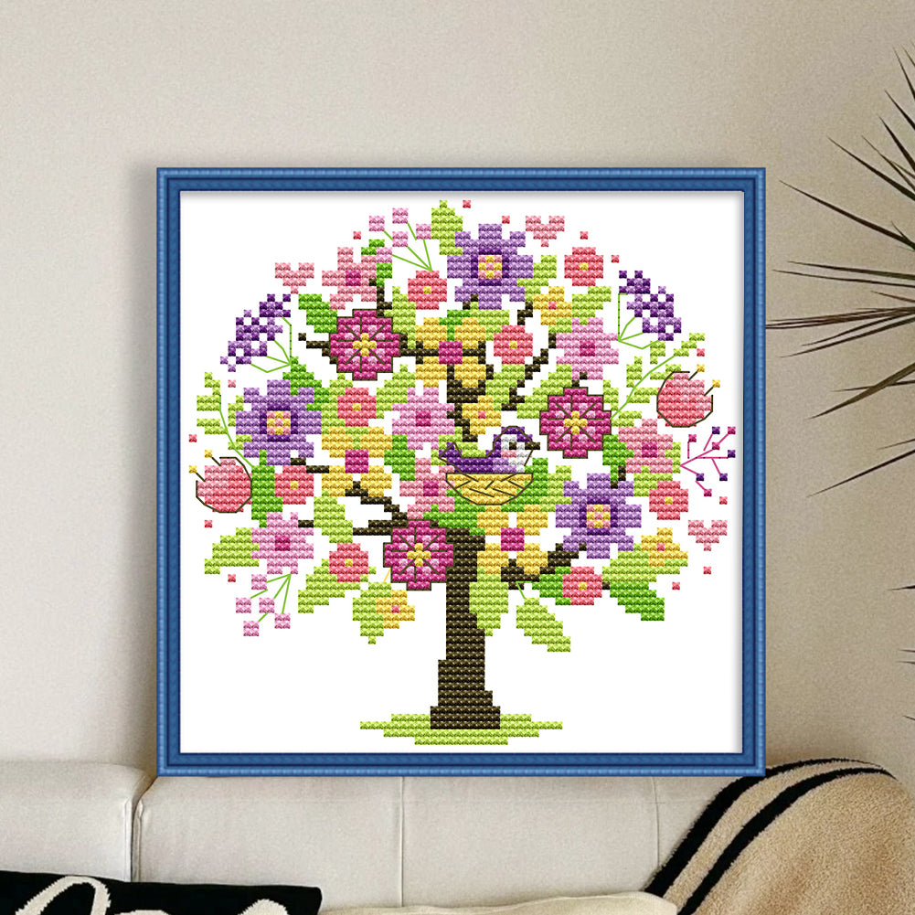 Four Seasons Tree - Spring - 14CT Stamped Cross Stitch 18*18CM(Joy Sunday)