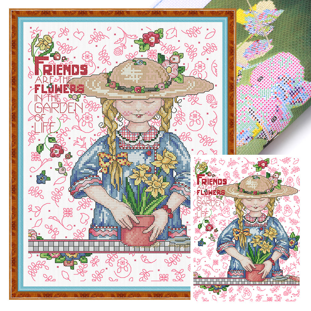 Growing Flowers Girl - 14CT Stamped Cross Stitch 29*36CM(Joy Sunday)