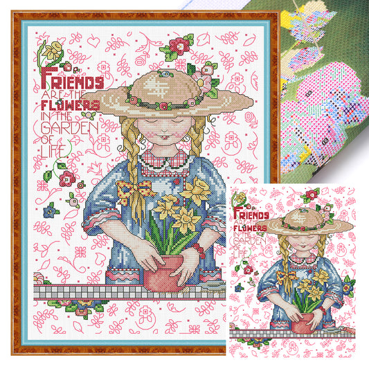 Growing Flowers Girl - 14CT Stamped Cross Stitch 29*36CM(Joy Sunday)