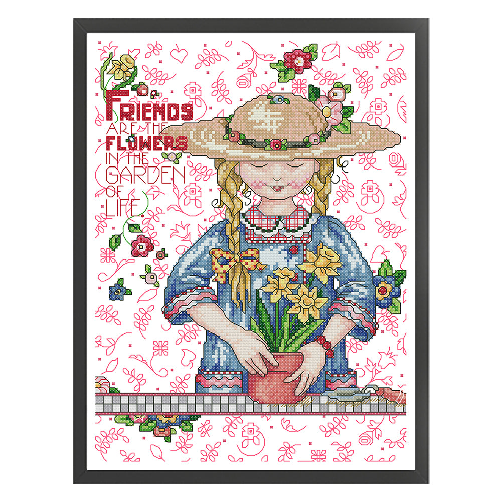 Growing Flowers Girl - 14CT Stamped Cross Stitch 29*36CM(Joy Sunday)