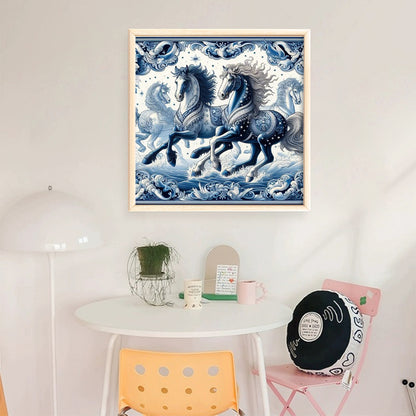Blue And White Horse - 11CT Stamped Cross Stitch 50*50CM