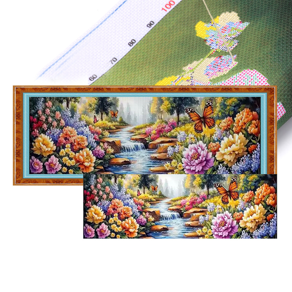 Landscape And Flowers - 11CT Stamped Cross Stitch 169*51CM (Mona Lisa Brand)