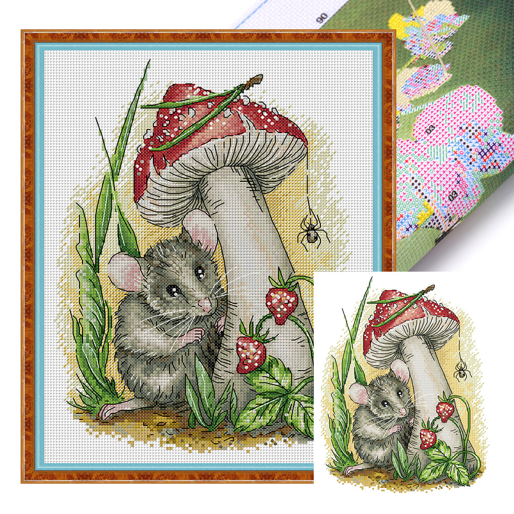Mushroom-Strawberry-Mouse - 14CT Stamped Cross Stitch 26*32CM (Joy Sunday)