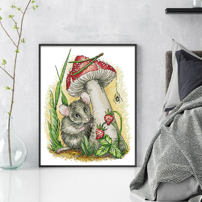 Mushroom-Strawberry-Mouse - 14CT Stamped Cross Stitch 26*32CM (Joy Sunday)