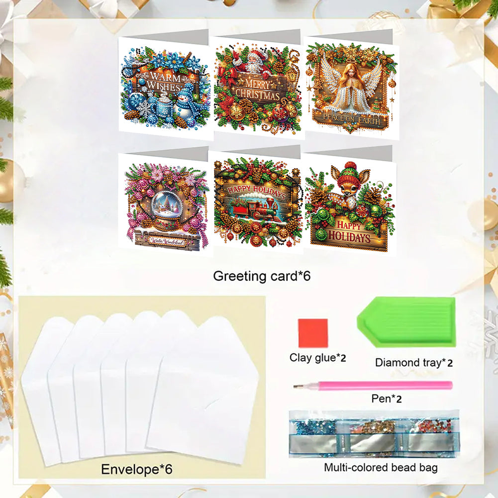 6PCS DIY Diamond Art Greeting Cards Xmas Designs for Festivals and Celebrations