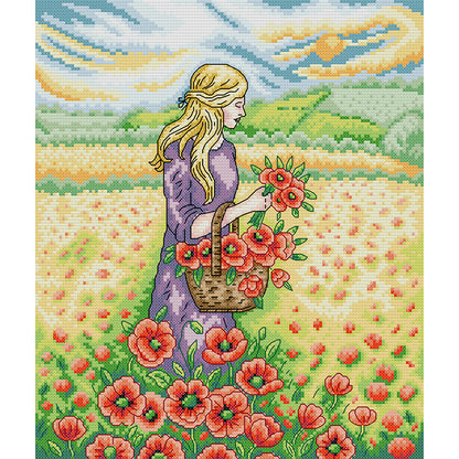 Girl Picking Flowers - 14CT Stamped Cross Stitch 31*34CM (Joy Sunday)