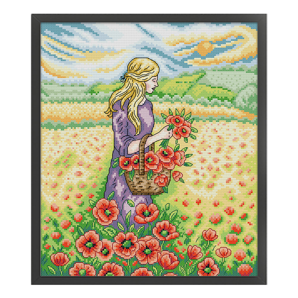 Girl Picking Flowers - 14CT Stamped Cross Stitch 31*34CM (Joy Sunday)