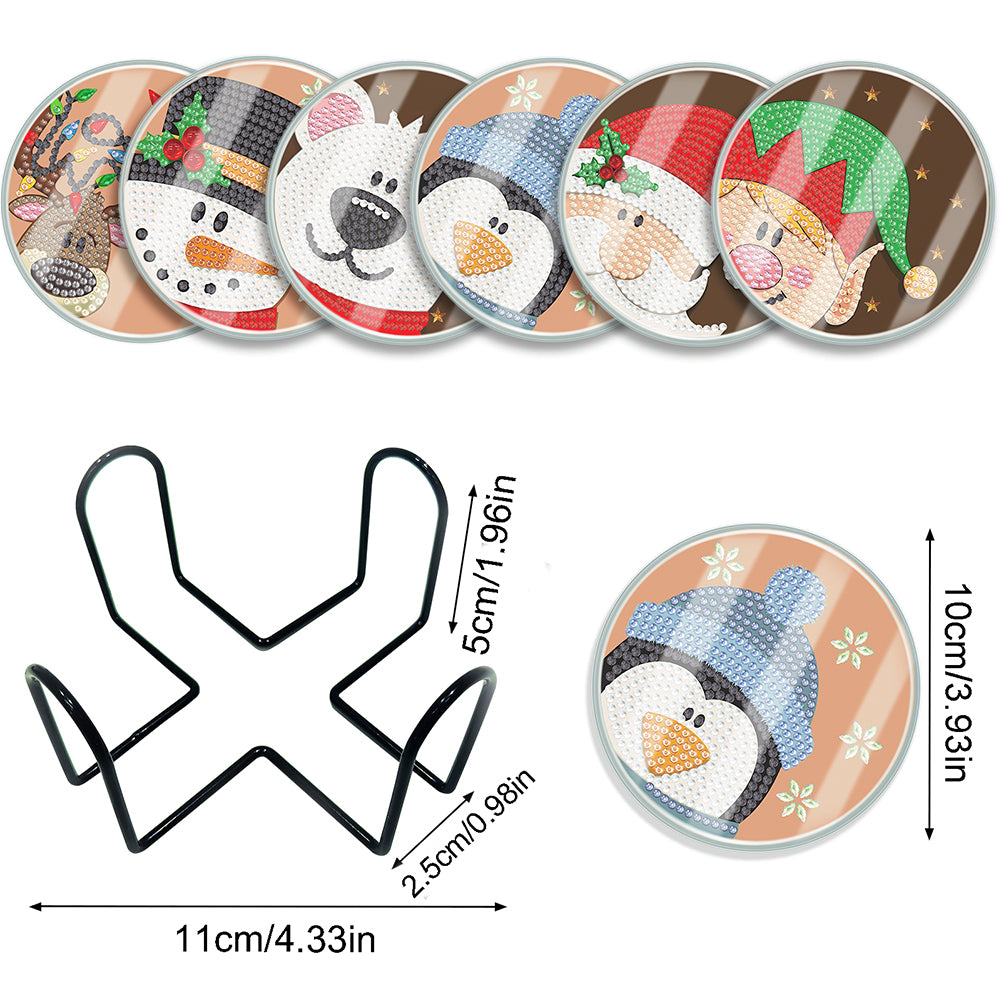 6pcs Set Xmas Theme DIY Diamond Painting Coasters Kit with Holder for Craft Gift