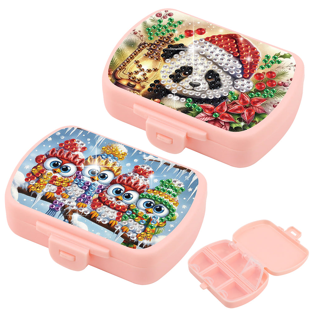 2Pcs 5D DIY Animal Theme Diamond Art Pill Storage Case Rhinestone Pill Organizer