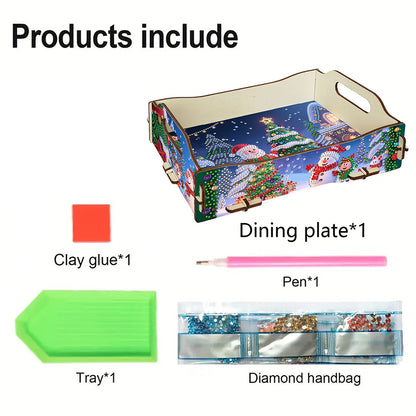 DIY Diamond Painted Dining Plate with Handle Wooden Food Tray Home Decor Gift