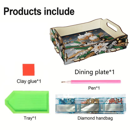 DIY Diamond Painted Dining Plate with Handle Wooden Food Tray Home Decor Gift