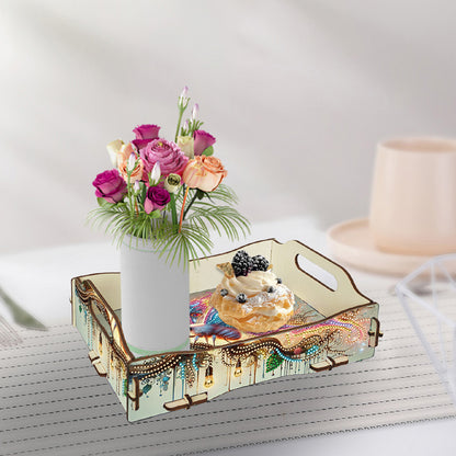 DIY Diamond Painted Dining Plate with Handle Wooden Food Tray Home Decor Gift
