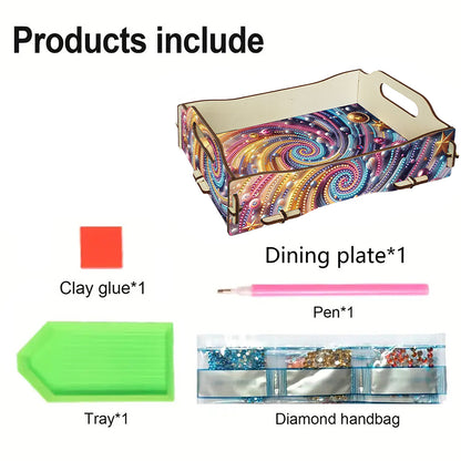 DIY Diamond Painted Dining Plate with Handle Wooden Food Tray Home Decor Gift
