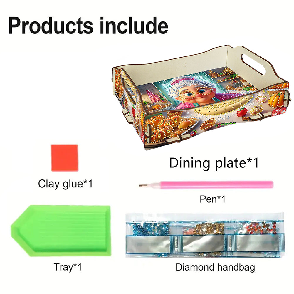 DIY Diamond Painted Dining Plate with Handle Wooden Food Tray Home Decor Gift