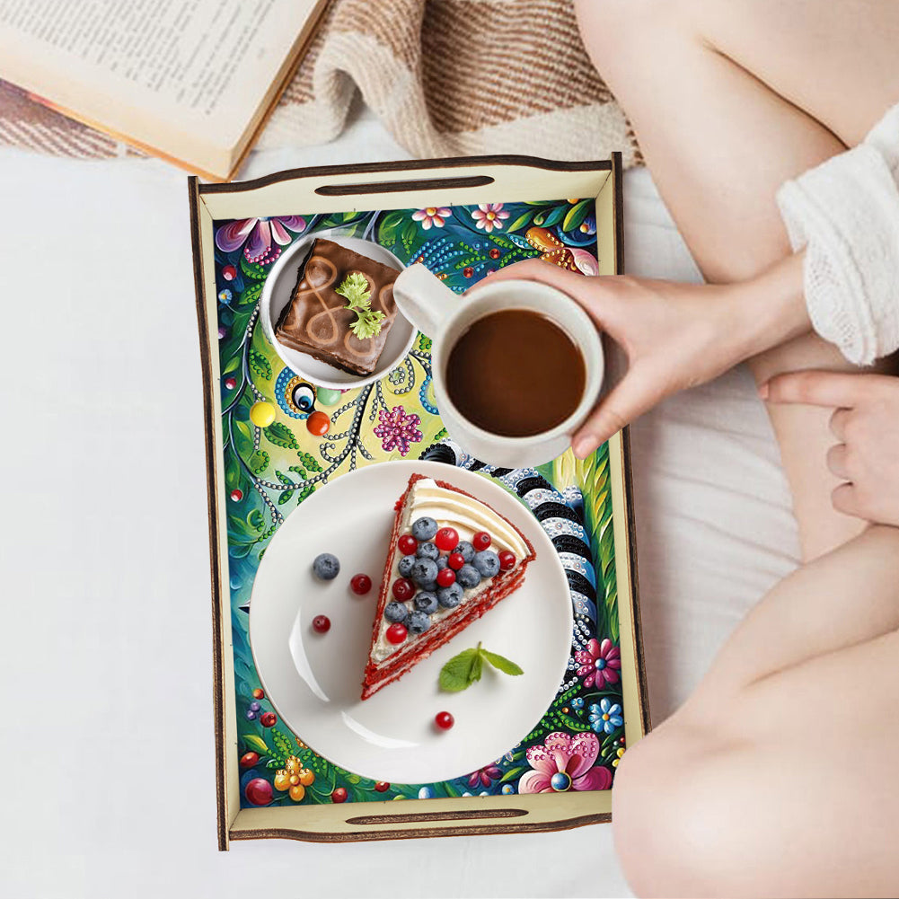 DIY Diamond Painted Dining Plate with Handle Wooden Food Tray Home Decor Gift