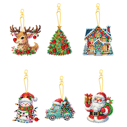 6PCS 2D Flat DIY Diamond Painting Keychain Double Sided Drill Diamond Art Kits
