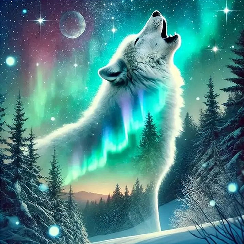 Wolf Under The Aurora - Full Round Drill Diamond Painting 30*30CM