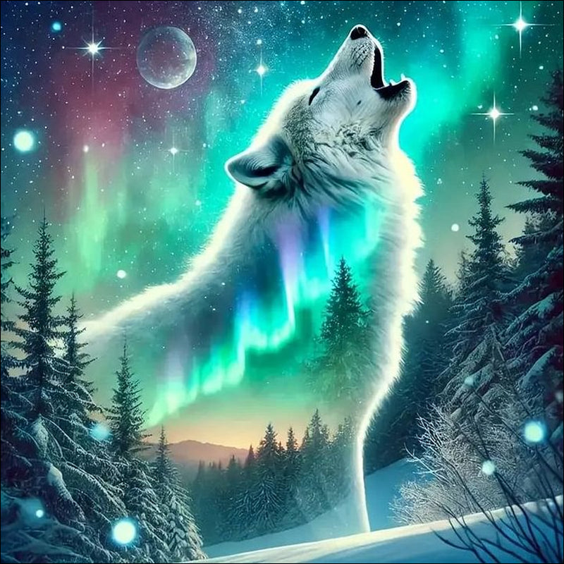 Wolf Under The Aurora - Full Round Drill Diamond Painting 30*30CM