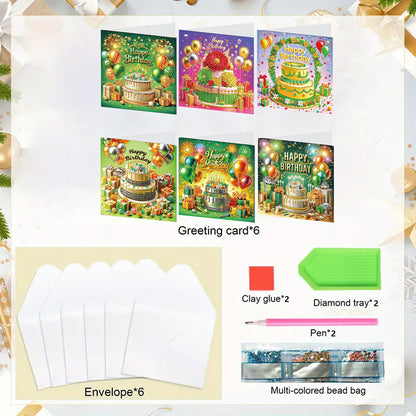 6PCS DIY Diamond Art Greeting Cards Birthday Theme Congratulations Cards & Gifts