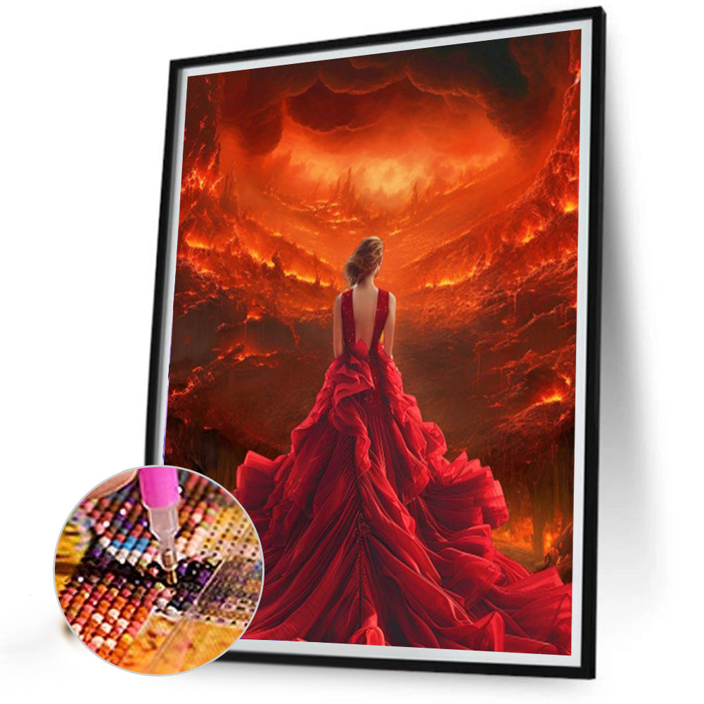 Girl In Red Dress - Full AB Round Drill Diamond Painting 40*50CM