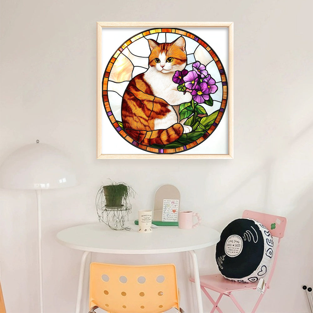 Orange Cat Glass Painting - 11CT Stamped Cross Stitch 40*40CM