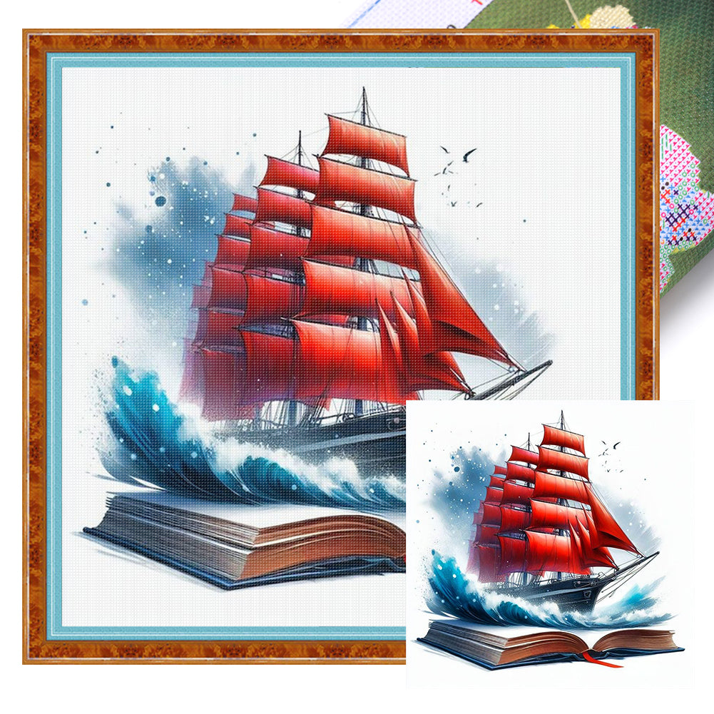 Book Sailboat - 11CT Stamped Cross Stitch 45*45CM