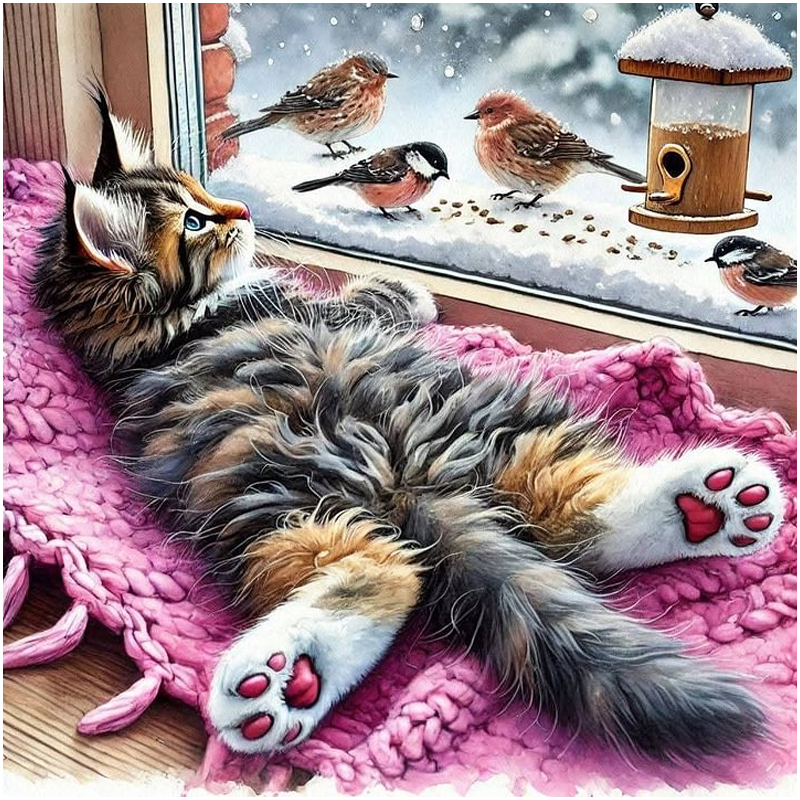 Cat And Bird - Full Round Drill Diamond Painting 40*40CM